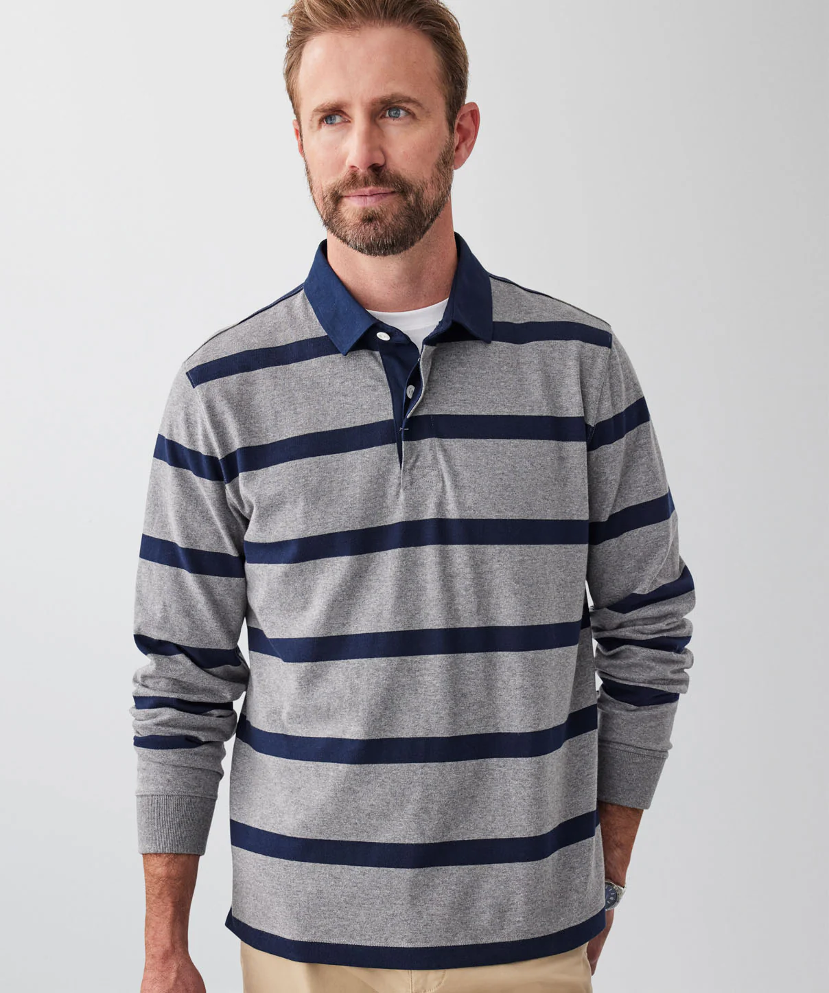 Breton Stripe Rugby Jumper - Grey Melange - Image 3