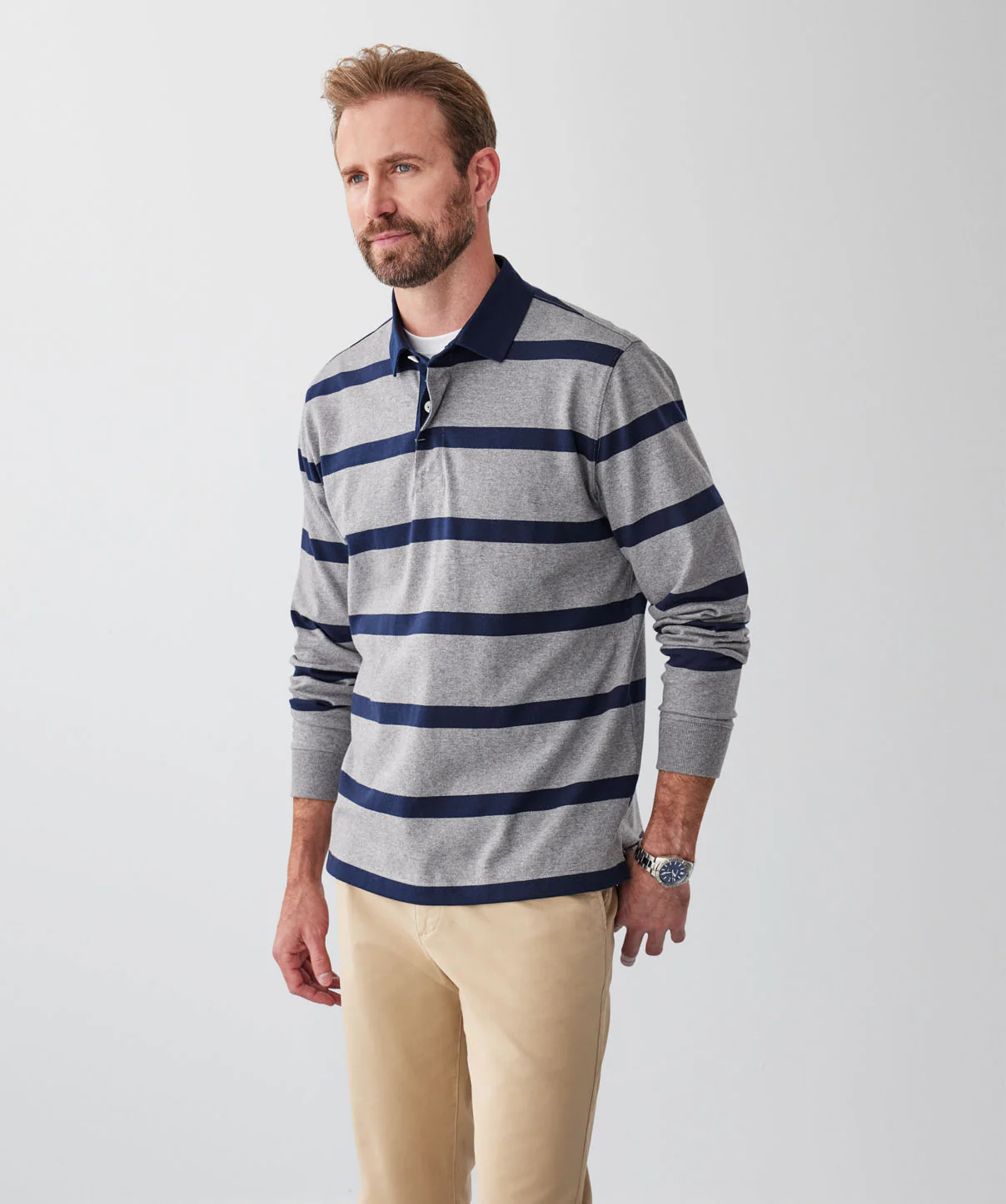Breton Stripe Rugby Jumper - Grey Melange - Image 5