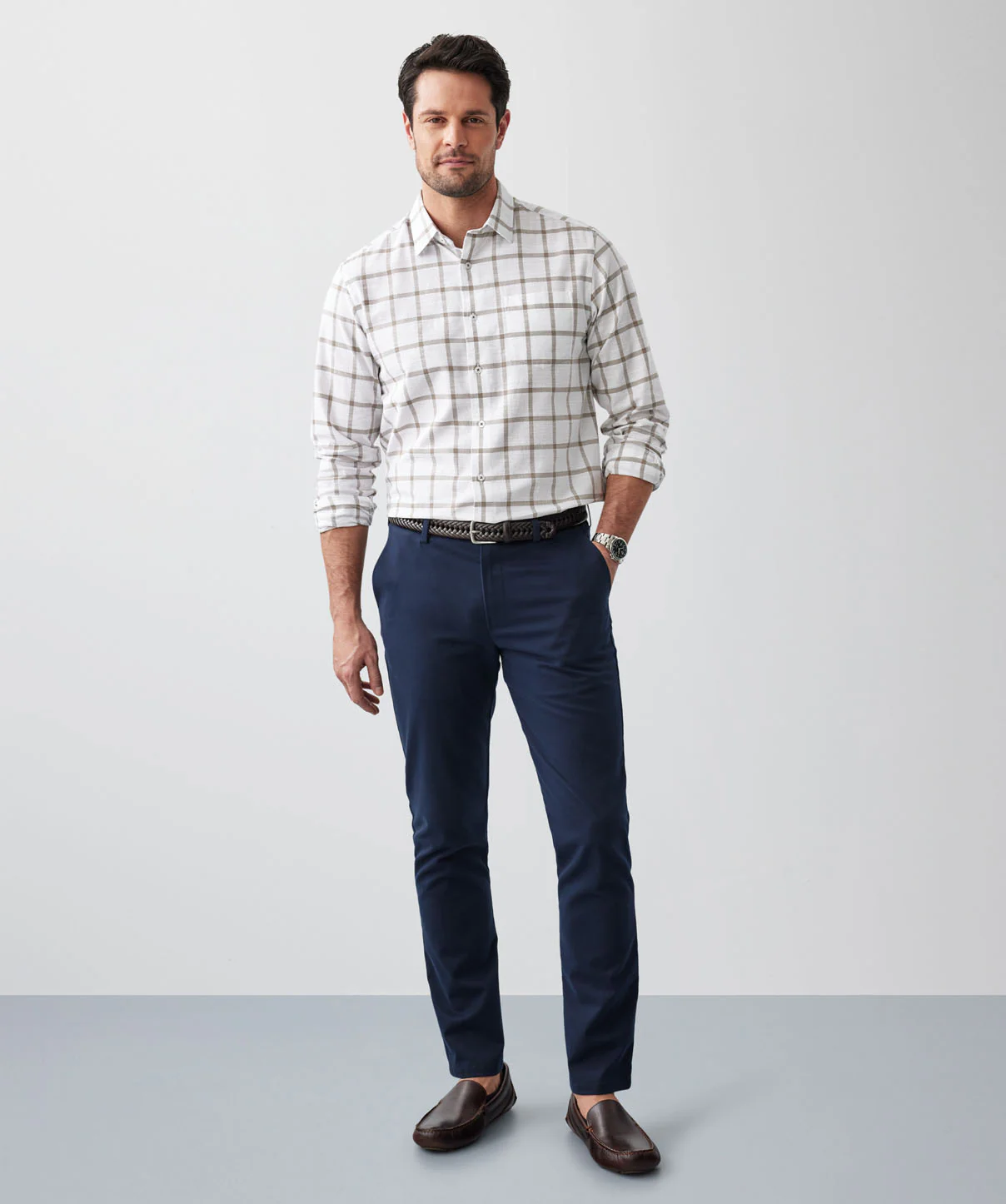Casual Window Pane Check Long Sleeve Shirt - Sand - Image 5