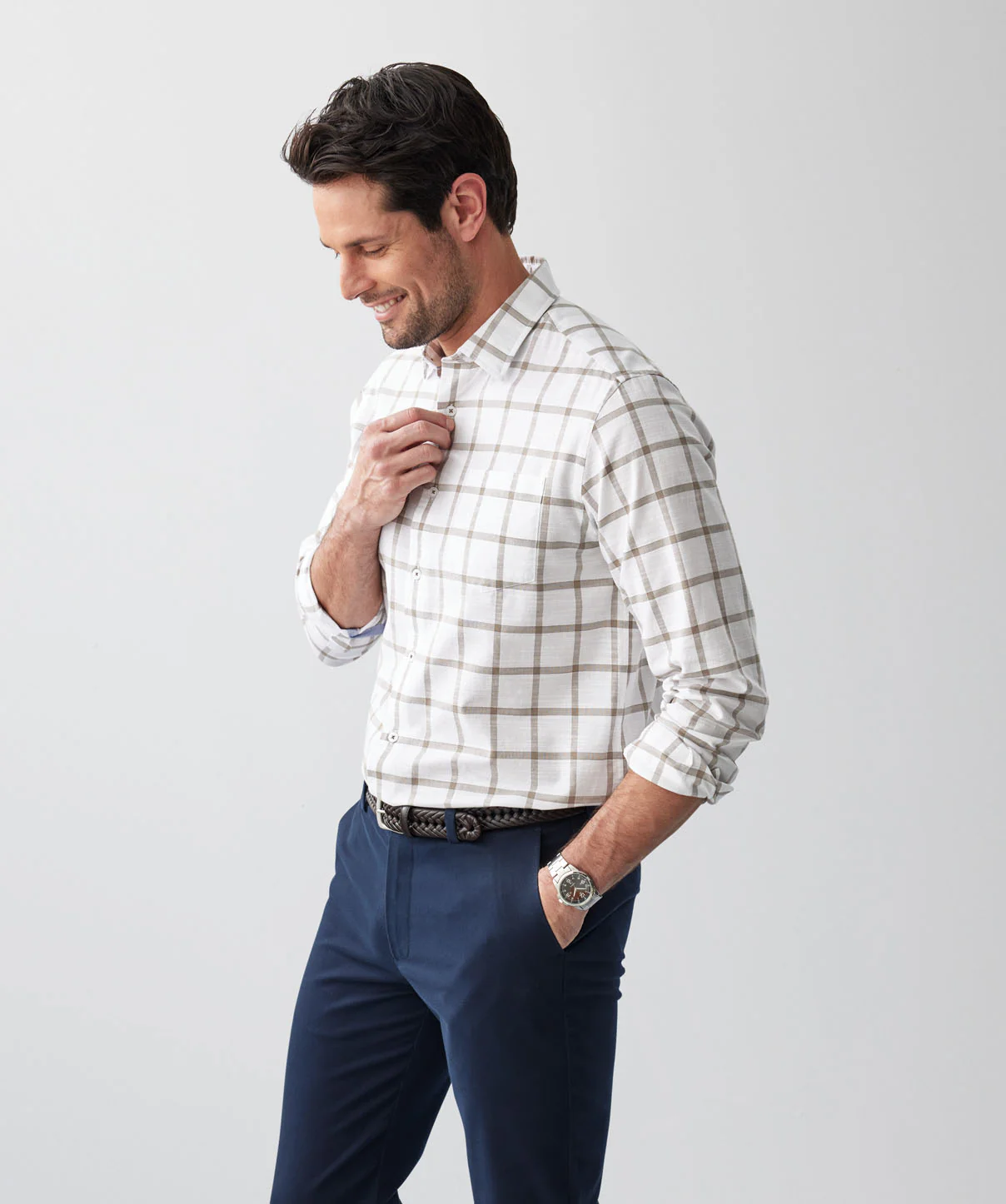 Casual Window Pane Check Long Sleeve Shirt - Sand - Image 6