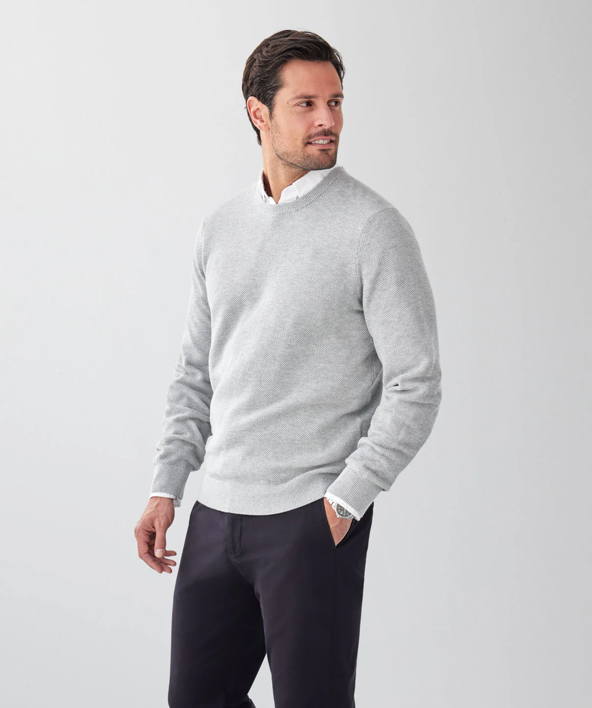 Cotton Textured Crew Knit - Light Grey - Image 5