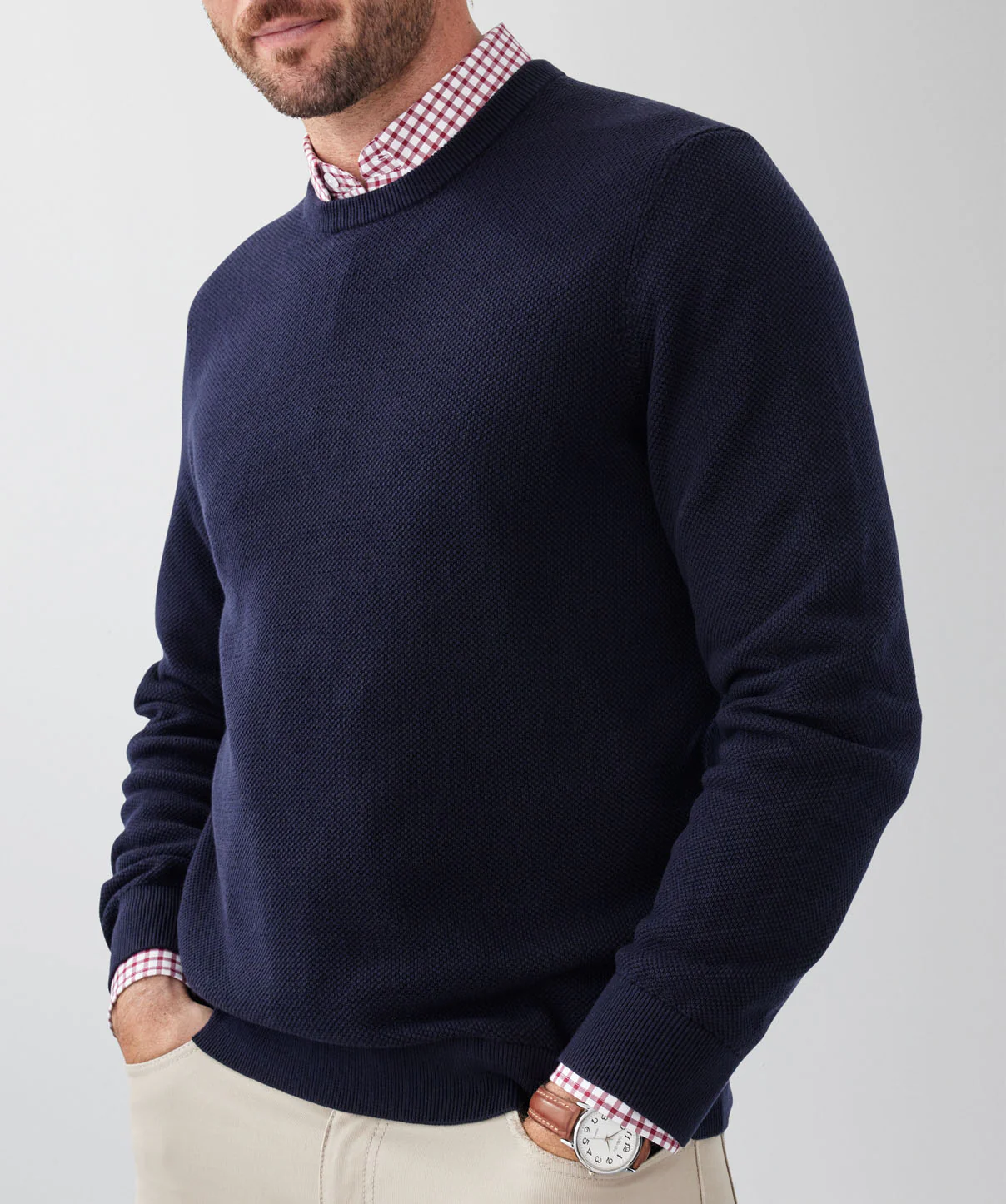 Cotton Textured Crew Knit - Navy - Image 3