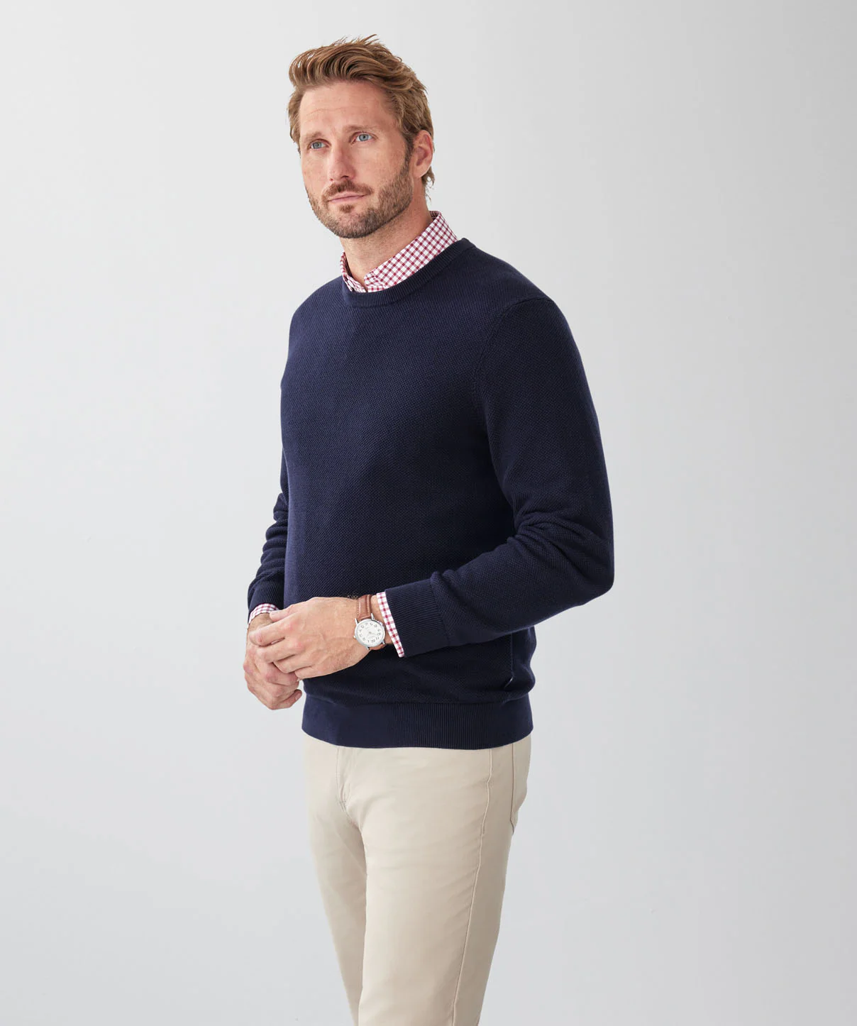 Cotton Textured Crew Knit - Navy - Image 5