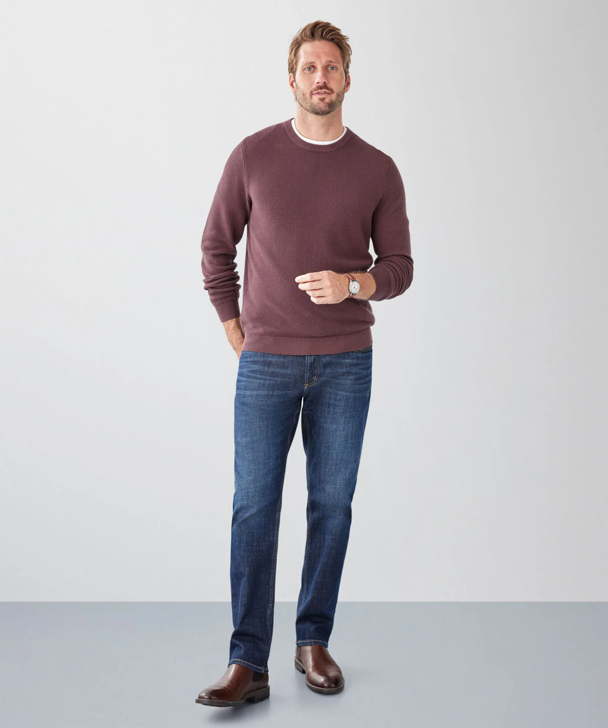 Cotton Textured Crew Knit - Plum - Image 4