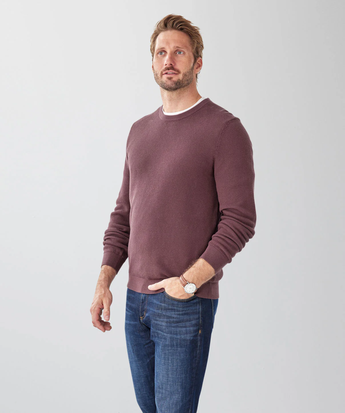 Cotton Textured Crew Knit - Plum - Image 5