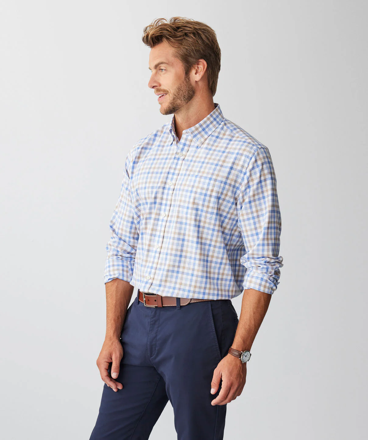 Easy Care Twill Check Long Sleeve Shirt - Blue - Image 5