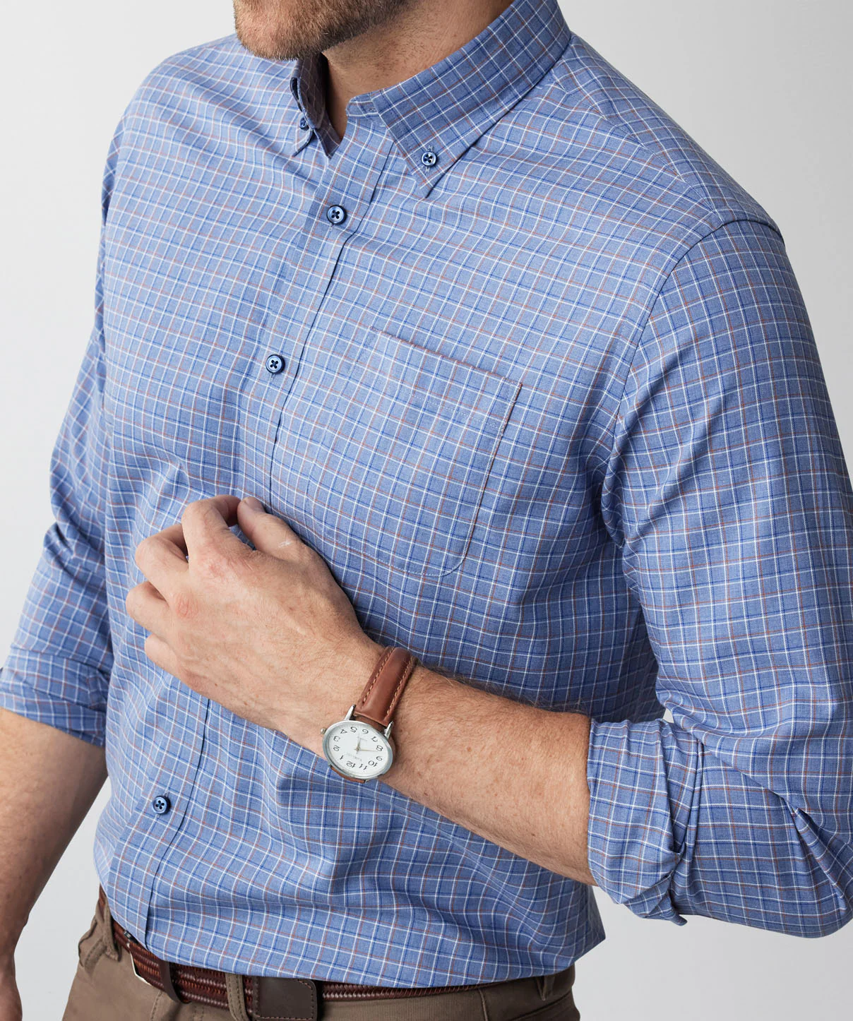 Easy Care Twill Check Long Sleeve Shirt - Blue Melange - Image 4