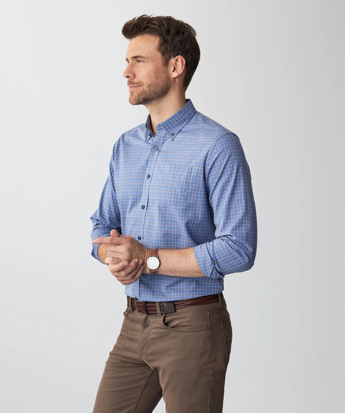 Easy Care Twill Check Long Sleeve Shirt - Blue Melange - Image 5