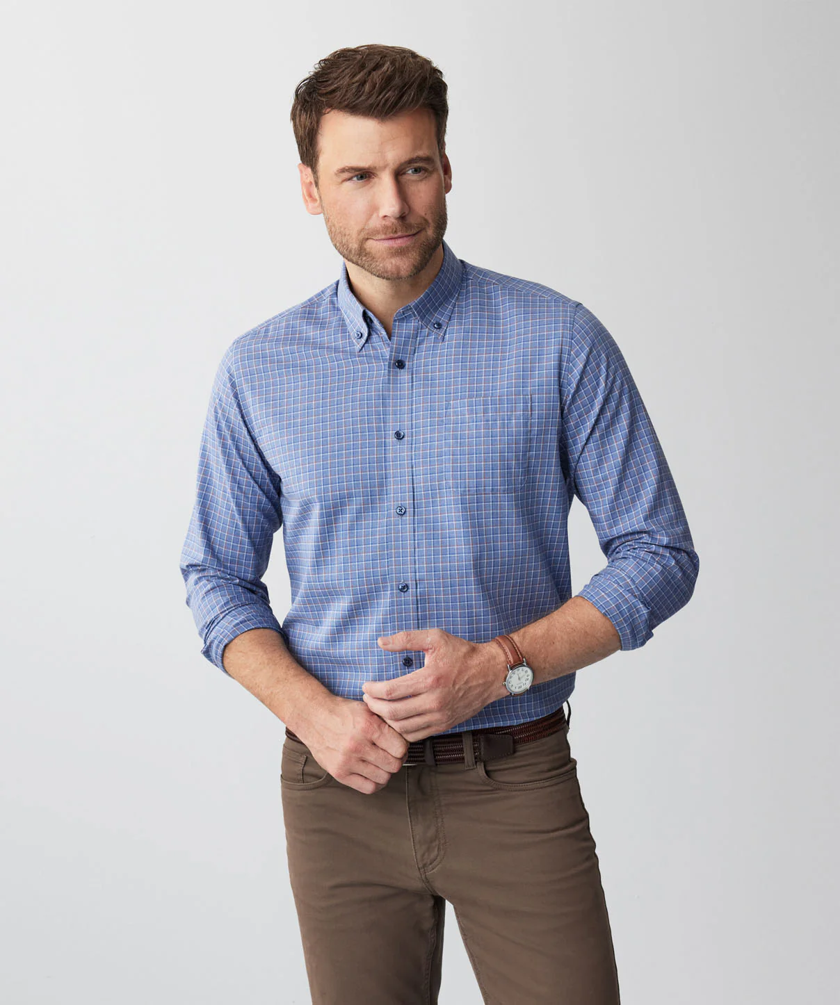 Easy Care Twill Check Long Sleeve Shirt - Blue Melange - Image 7