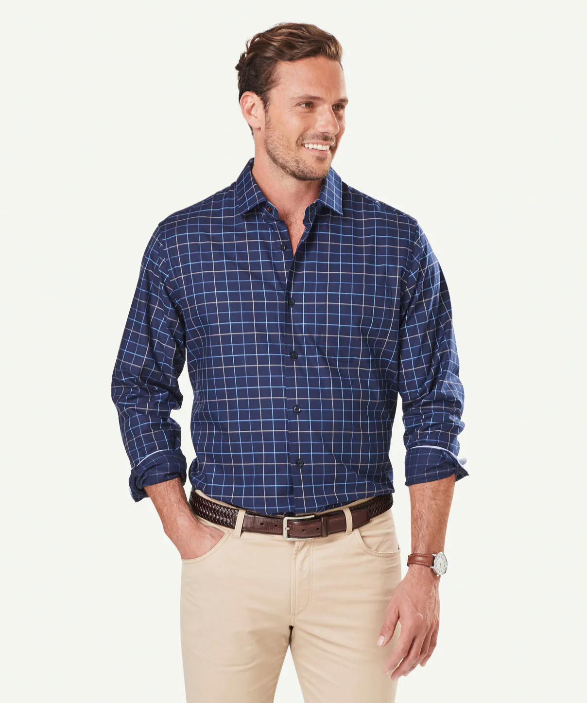 Easy Care Twill Check Long Sleeve Shirt - Navy - Image 7
