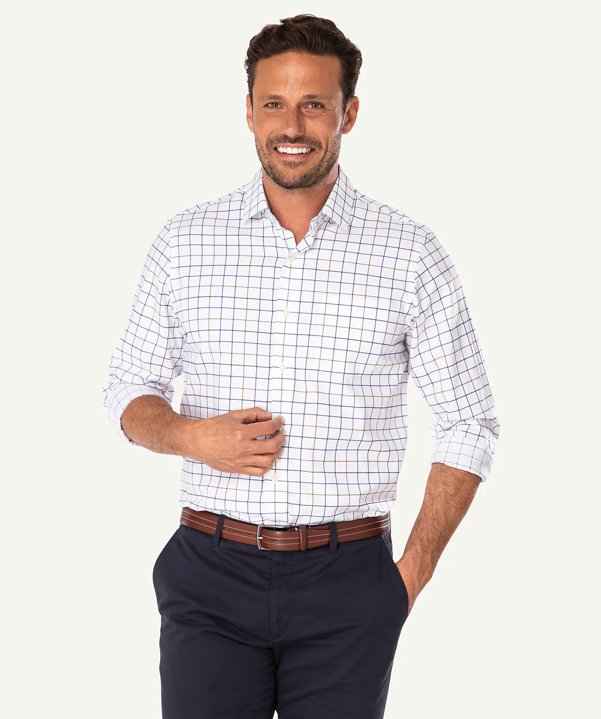 Easy Care Twill Check Long Sleeve Shirt - White - Image 5