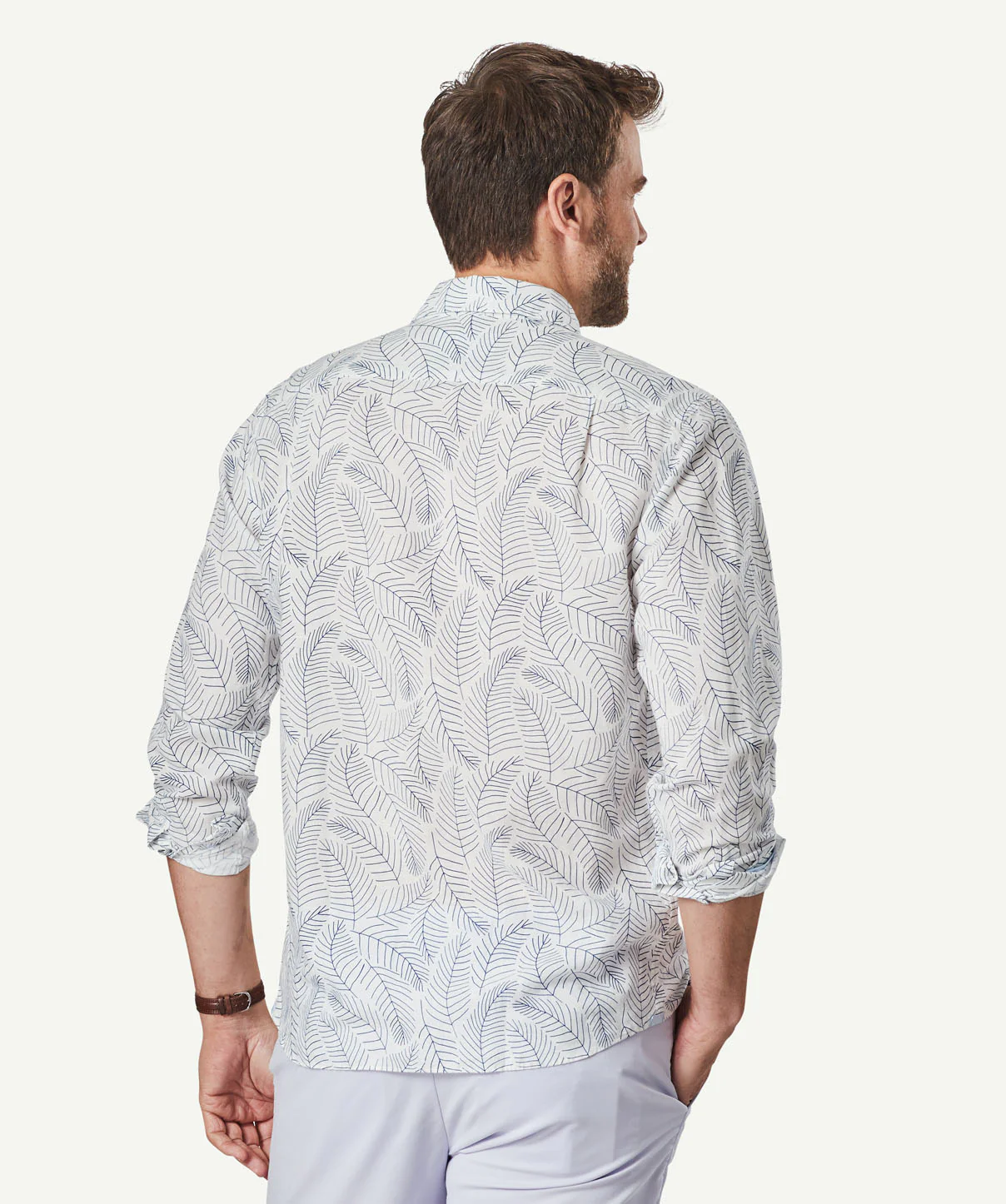 Linen Blend Fern Print Long Sleeve Shirt - White - Image 3