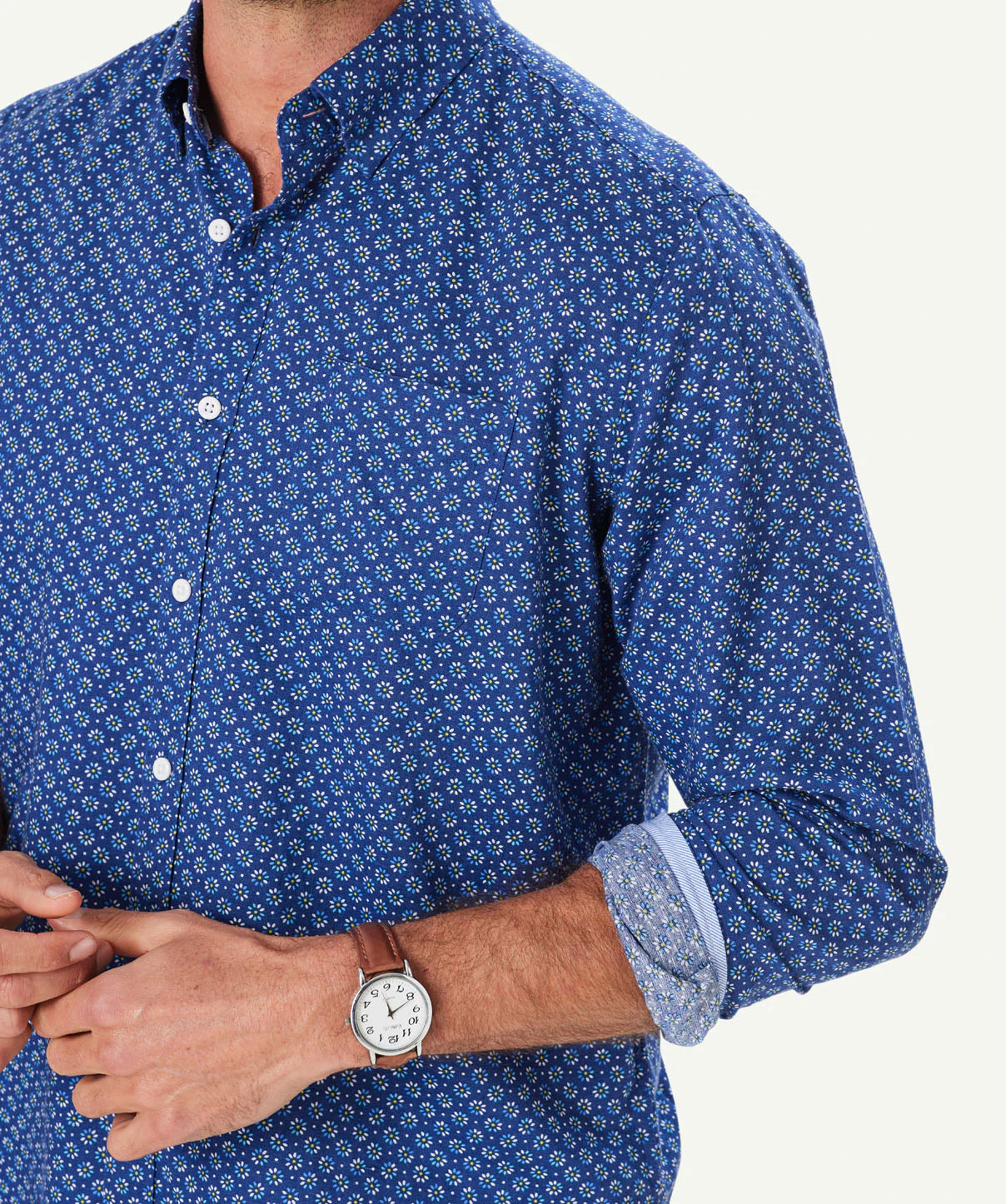 Linen Blend Floral Print Long Sleeve Shirt - Navy - Image 4