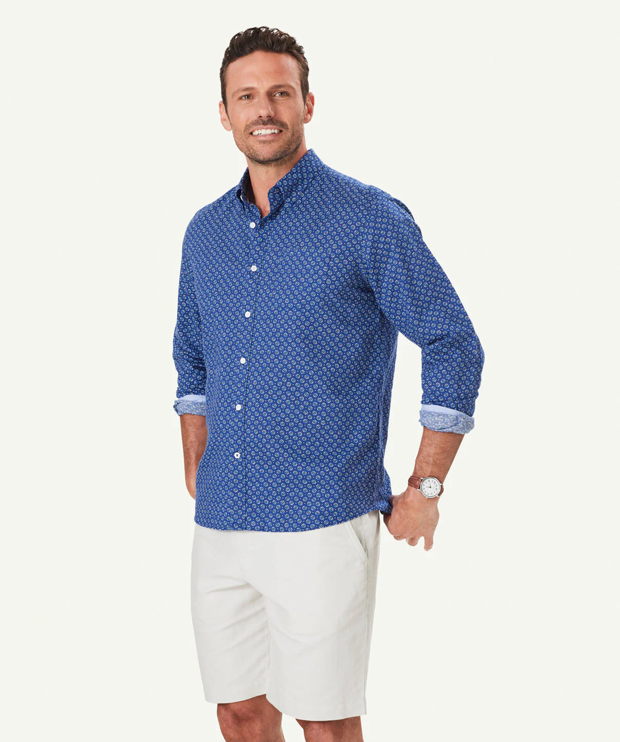 Linen Blend Floral Print Long Sleeve Shirt - Navy - Image 5