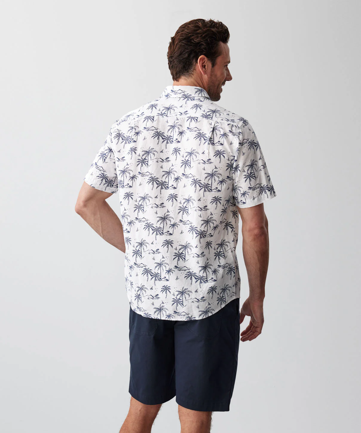Linen Blend Island Palm Print Short Sleeve Shirt - White - Image 3