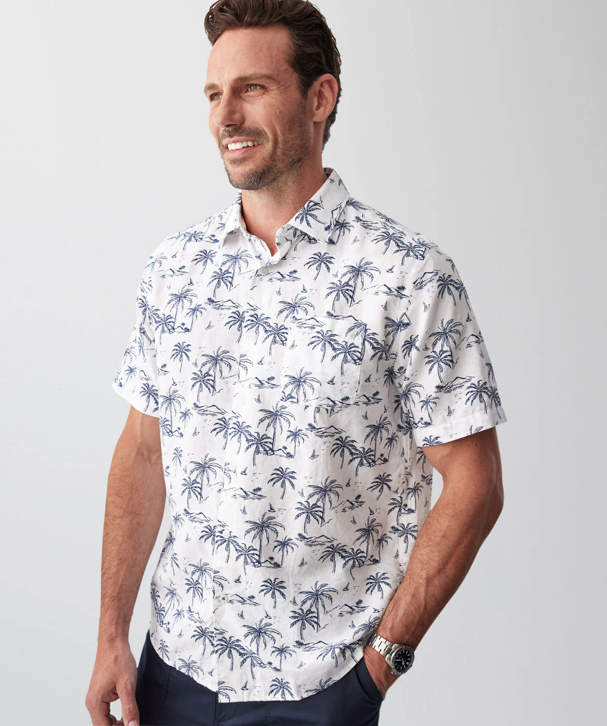 Linen Blend Island Palm Print Short Sleeve Shirt - White - Image 4