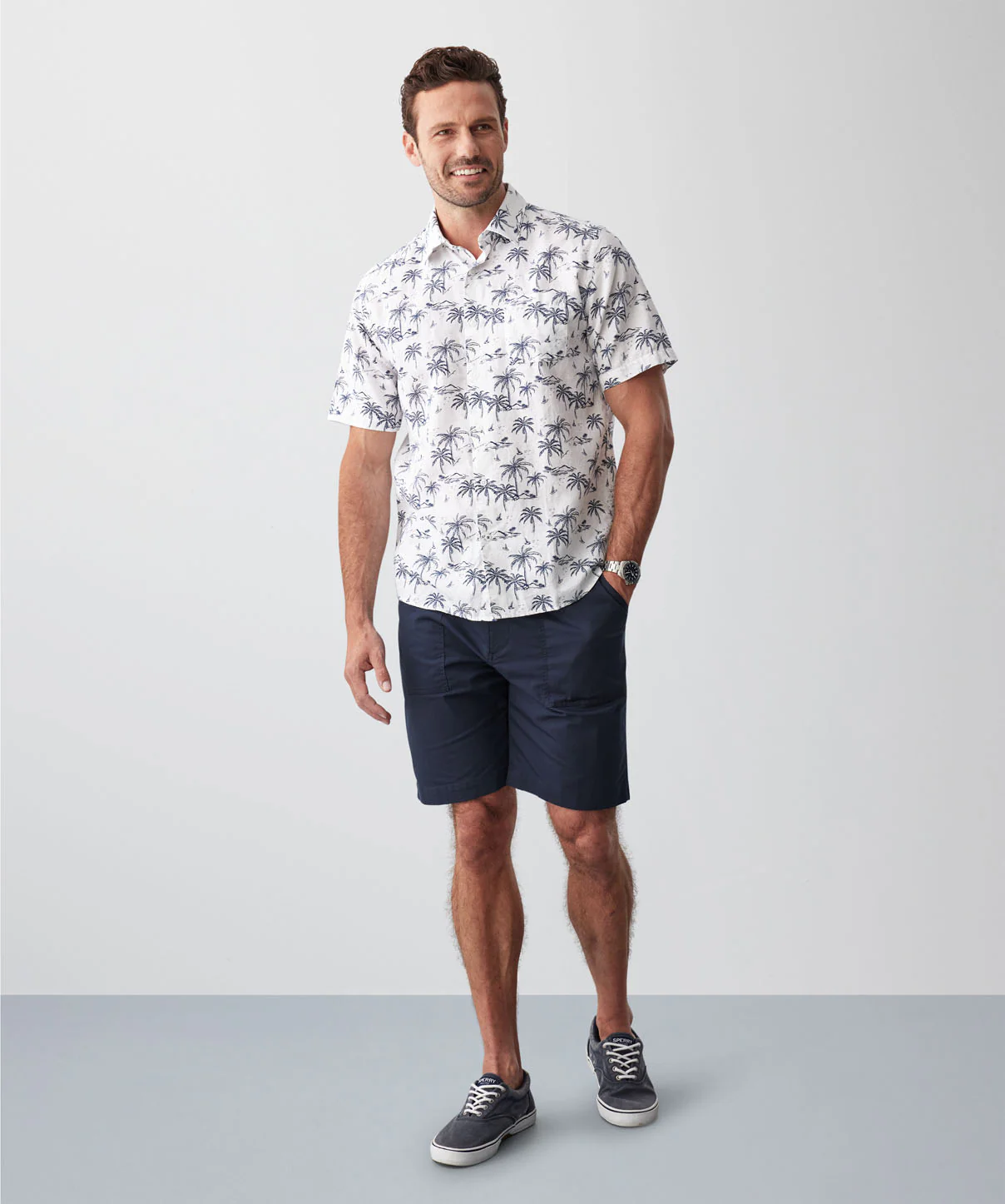 Linen Blend Island Palm Print Short Sleeve Shirt - White - Image 5