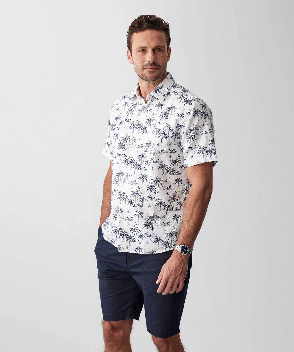 Linen Blend Island Palm Print Short Sleeve Shirt - White - Image 6