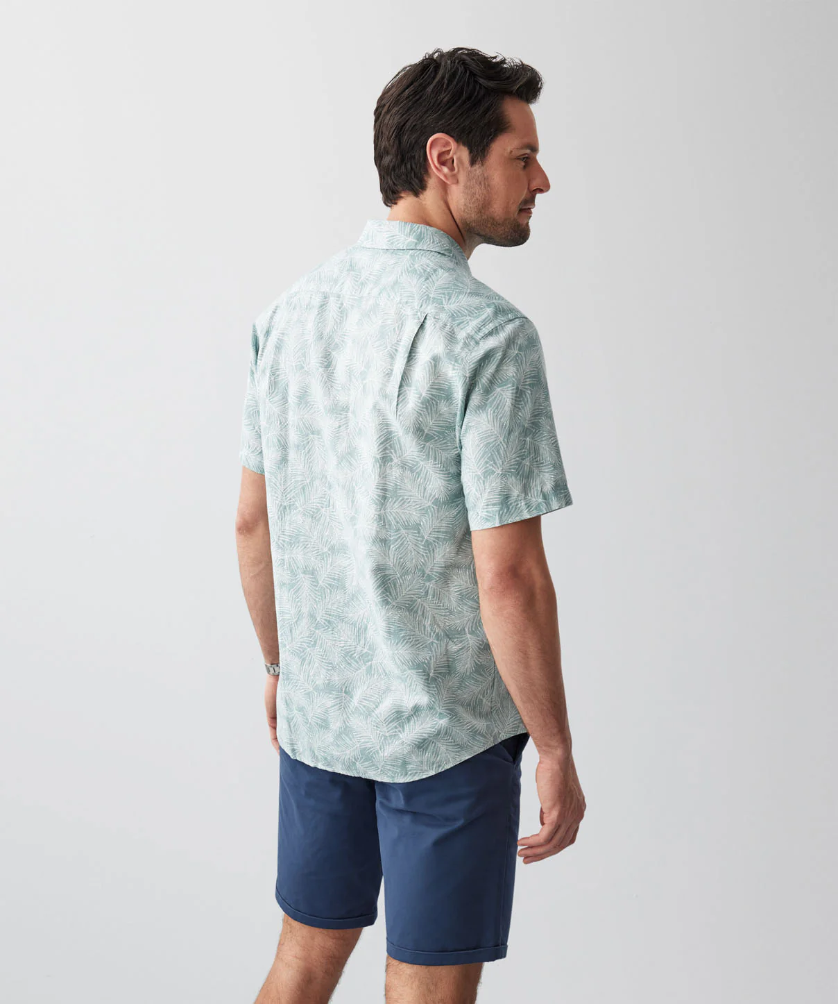 Linen Blend Leaf Print Short Sleeve Shirt - Sage - Image 3