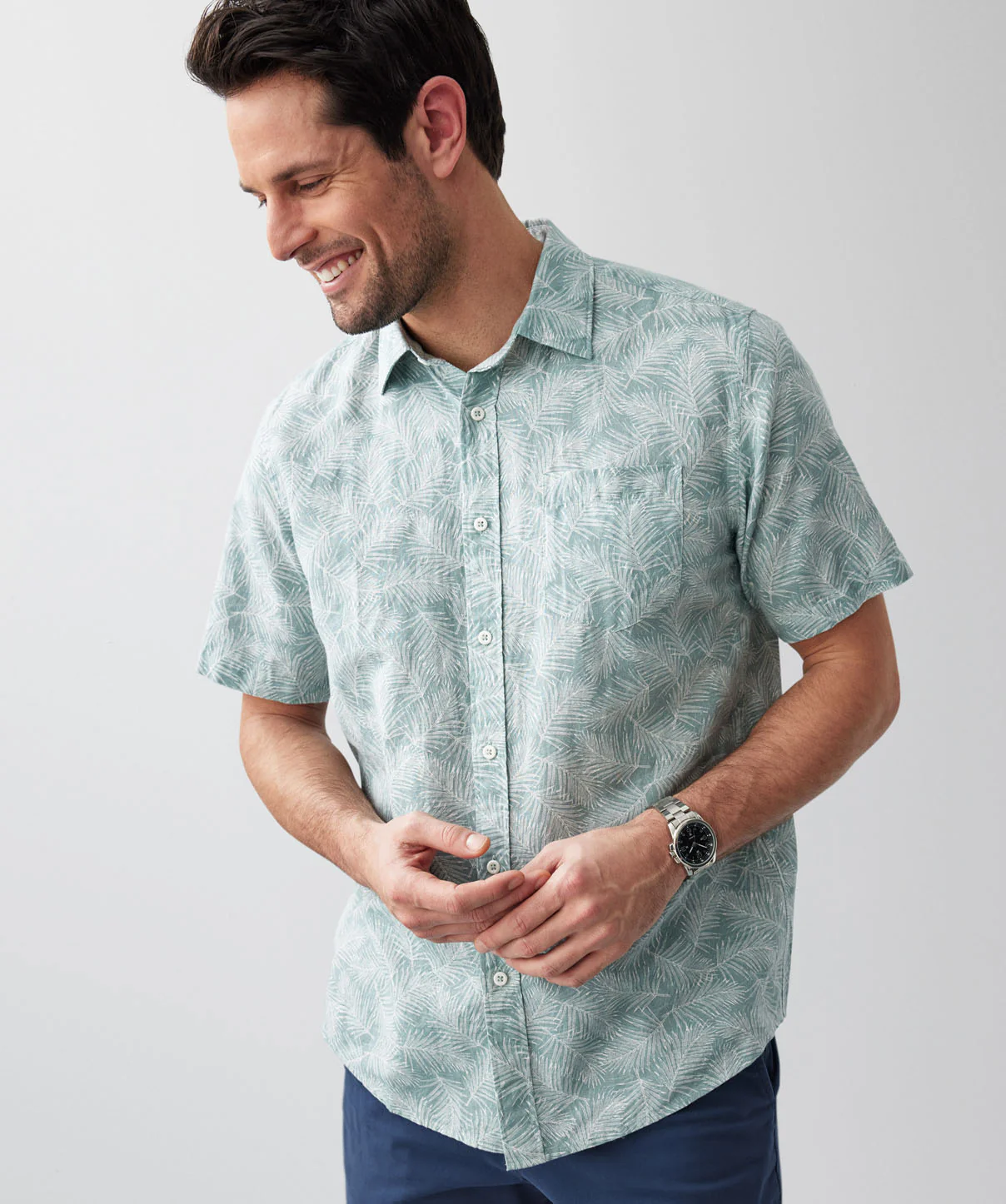 Linen Blend Leaf Print Short Sleeve Shirt - Sage - Image 4