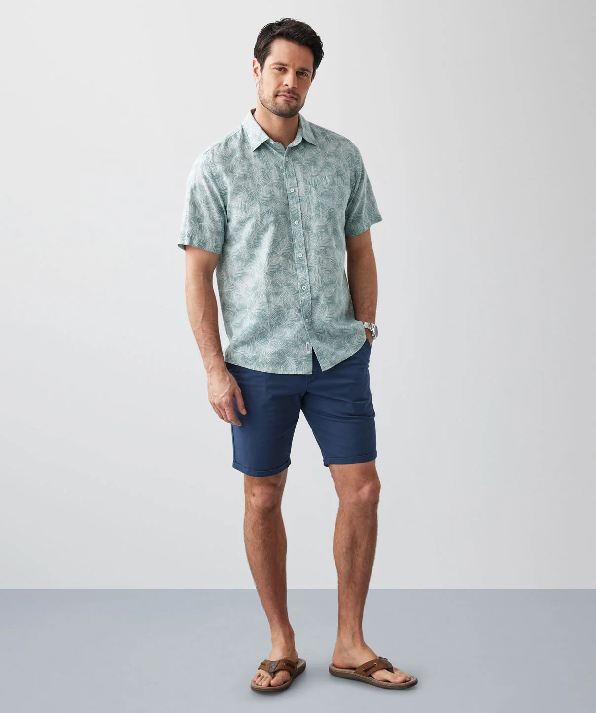 Linen Blend Leaf Print Short Sleeve Shirt - Sage - Image 5