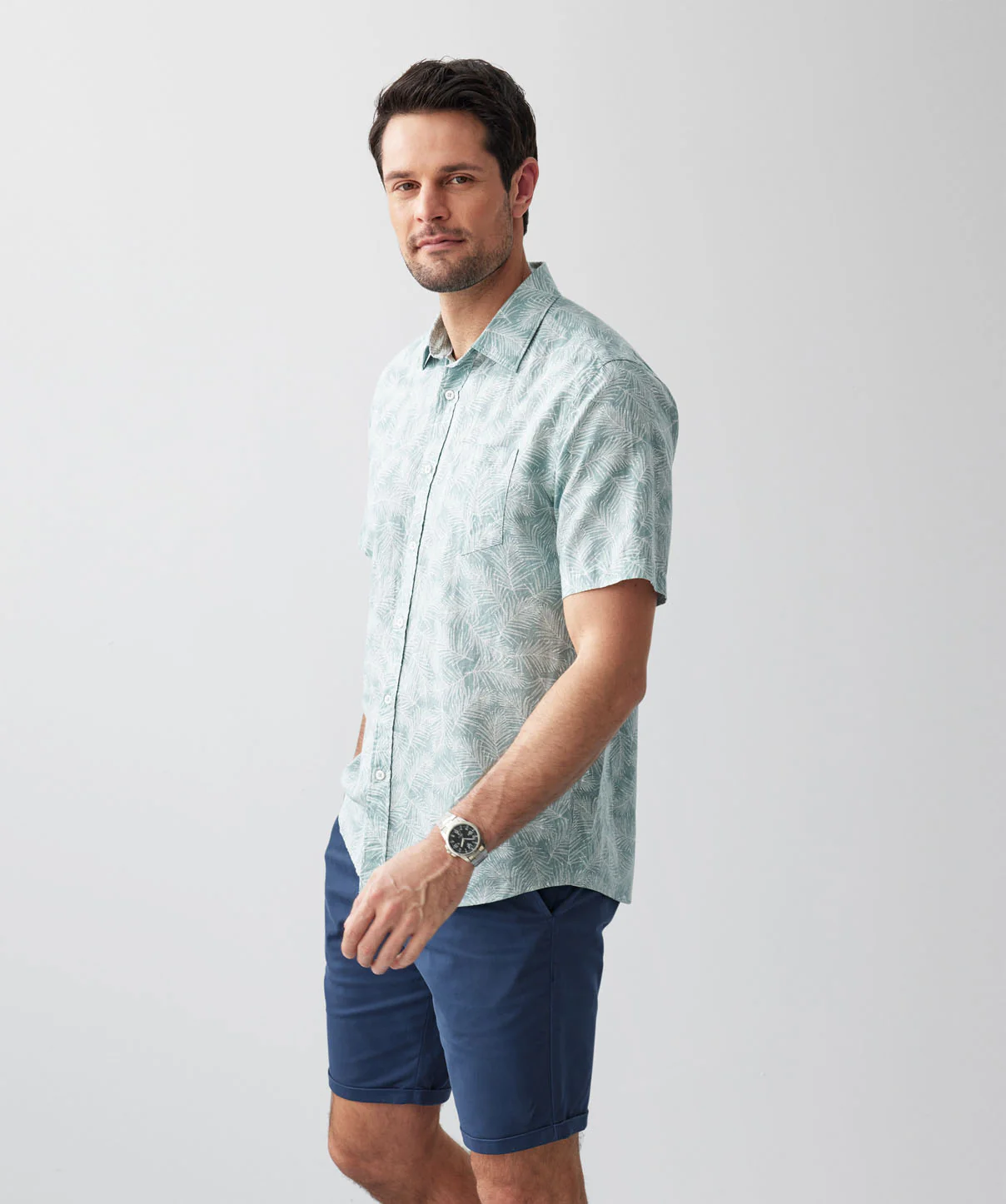 Linen Blend Leaf Print Short Sleeve Shirt - Sage - Image 6