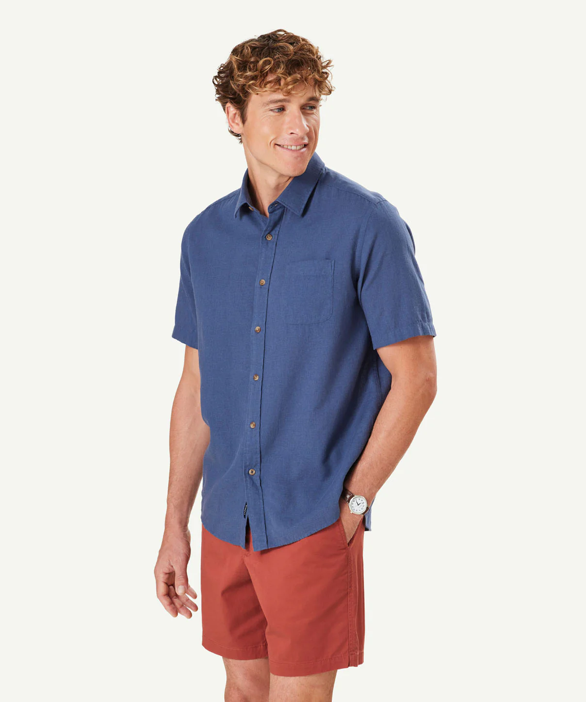Linen Blend Plain Short Sleeve Shirt - Washed Navy - Image 5