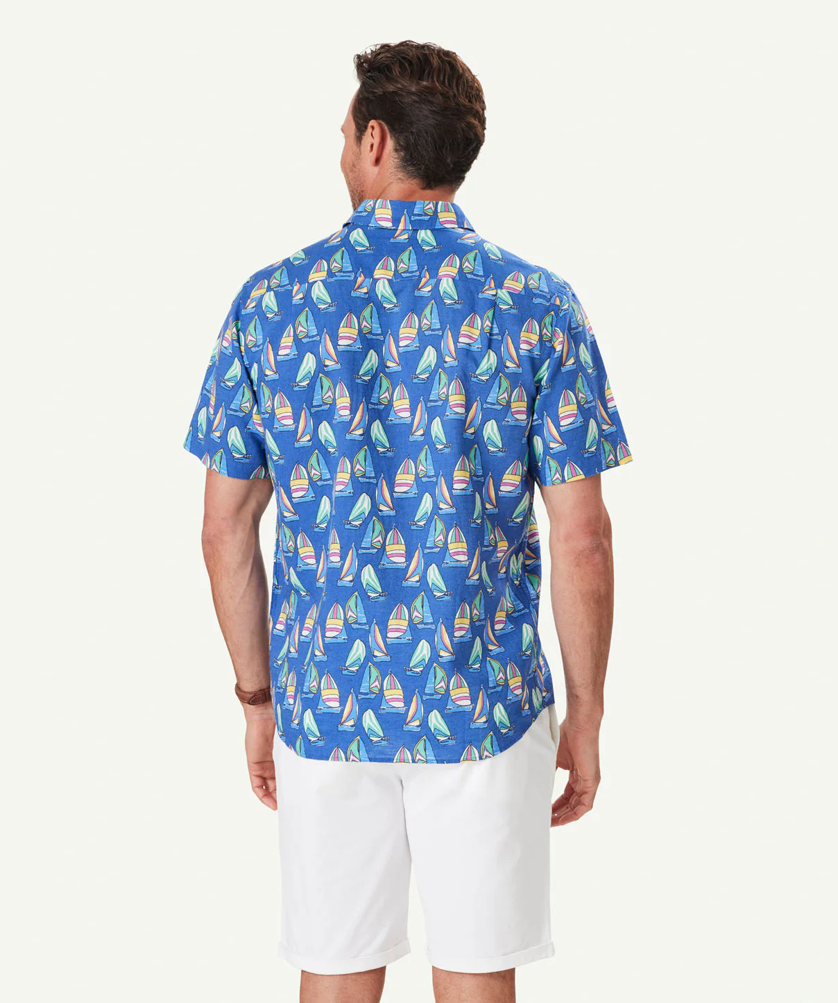 Linen Blend Sailing Print Short Sleeve Shirt - Royal - Image 3