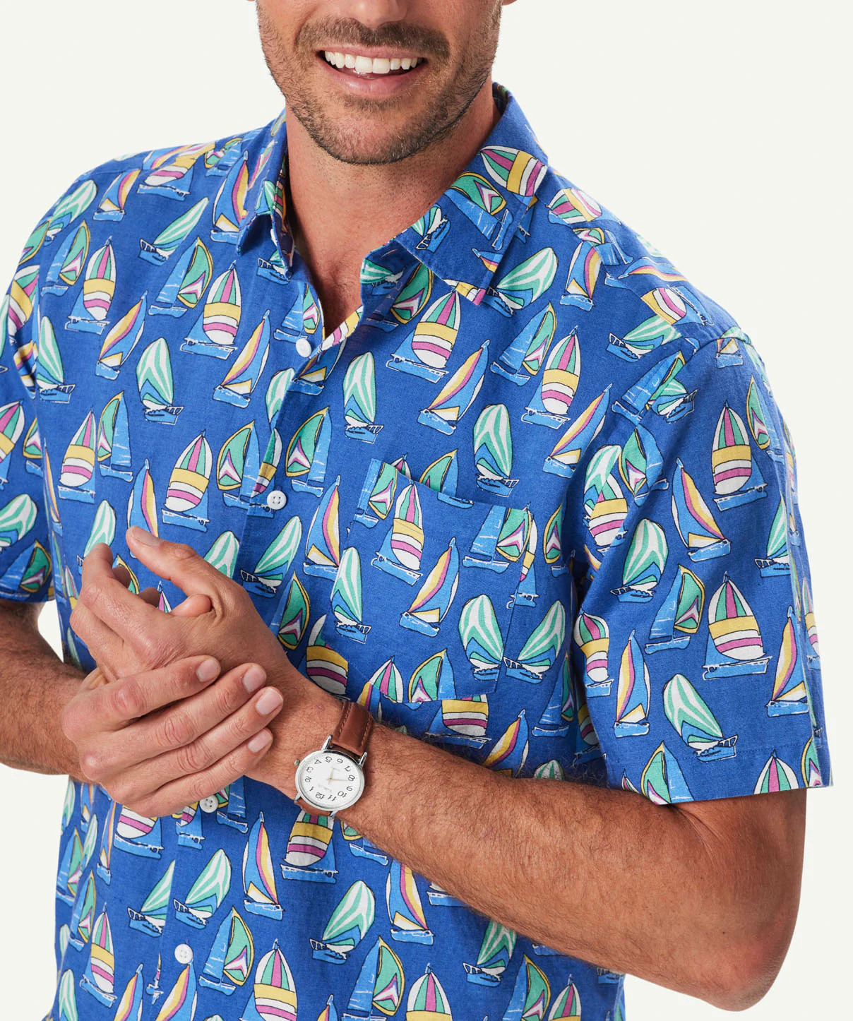 Linen Blend Sailing Print Short Sleeve Shirt - Royal - Image 4
