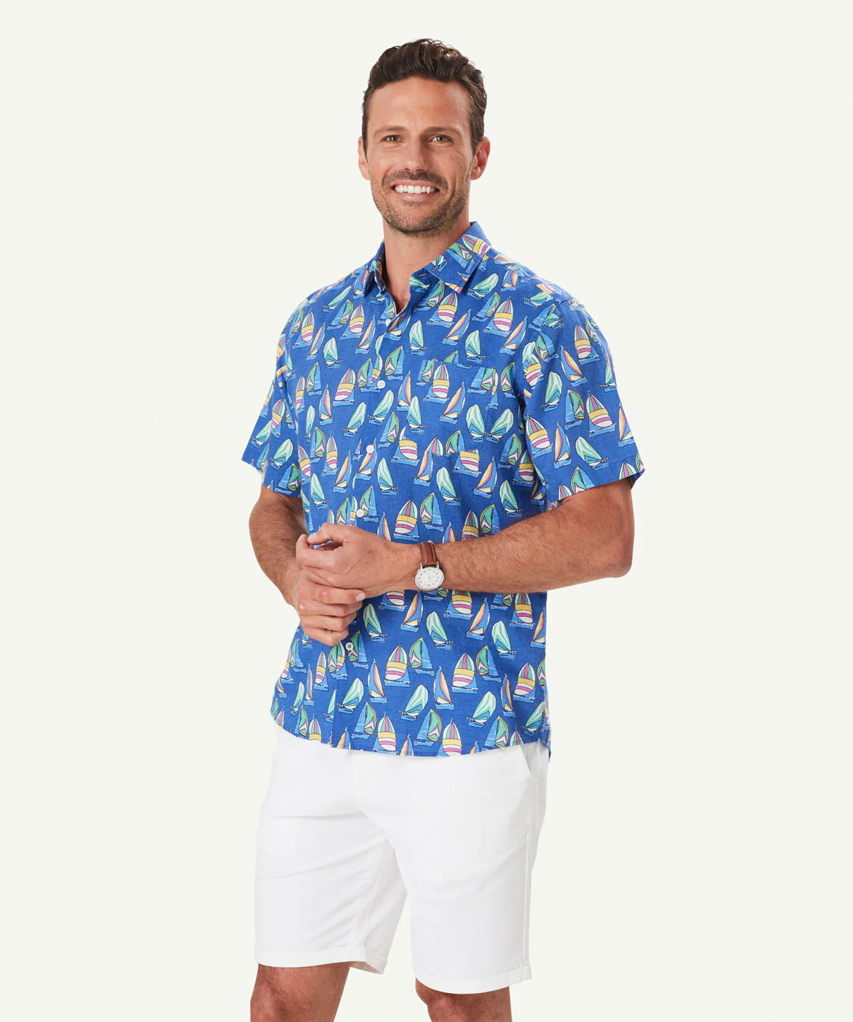 Linen Blend Sailing Print Short Sleeve Shirt - Royal - Image 5