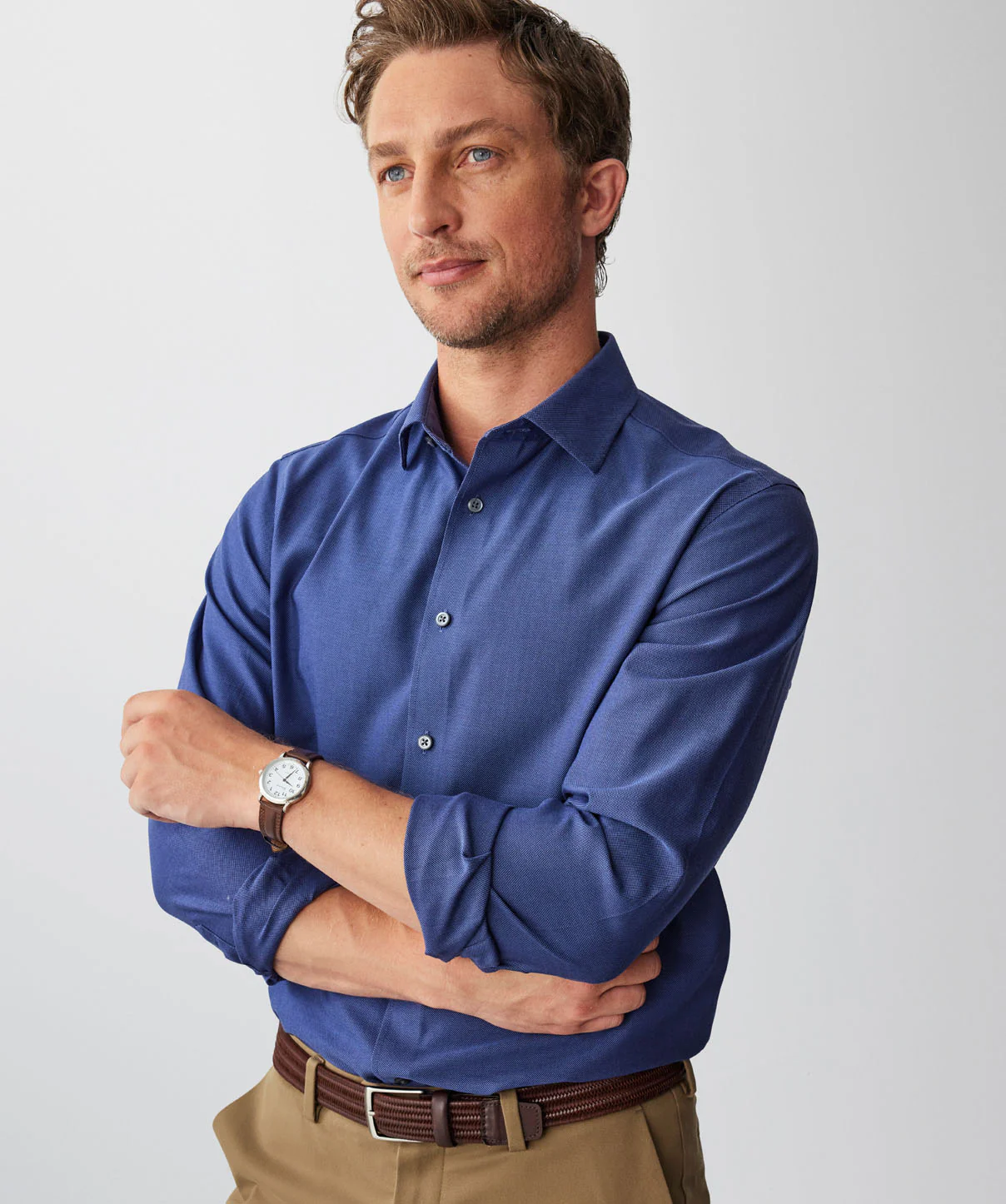Non-Iron Dobby Plain Long Sleeve Shirt - Navy - Image 4