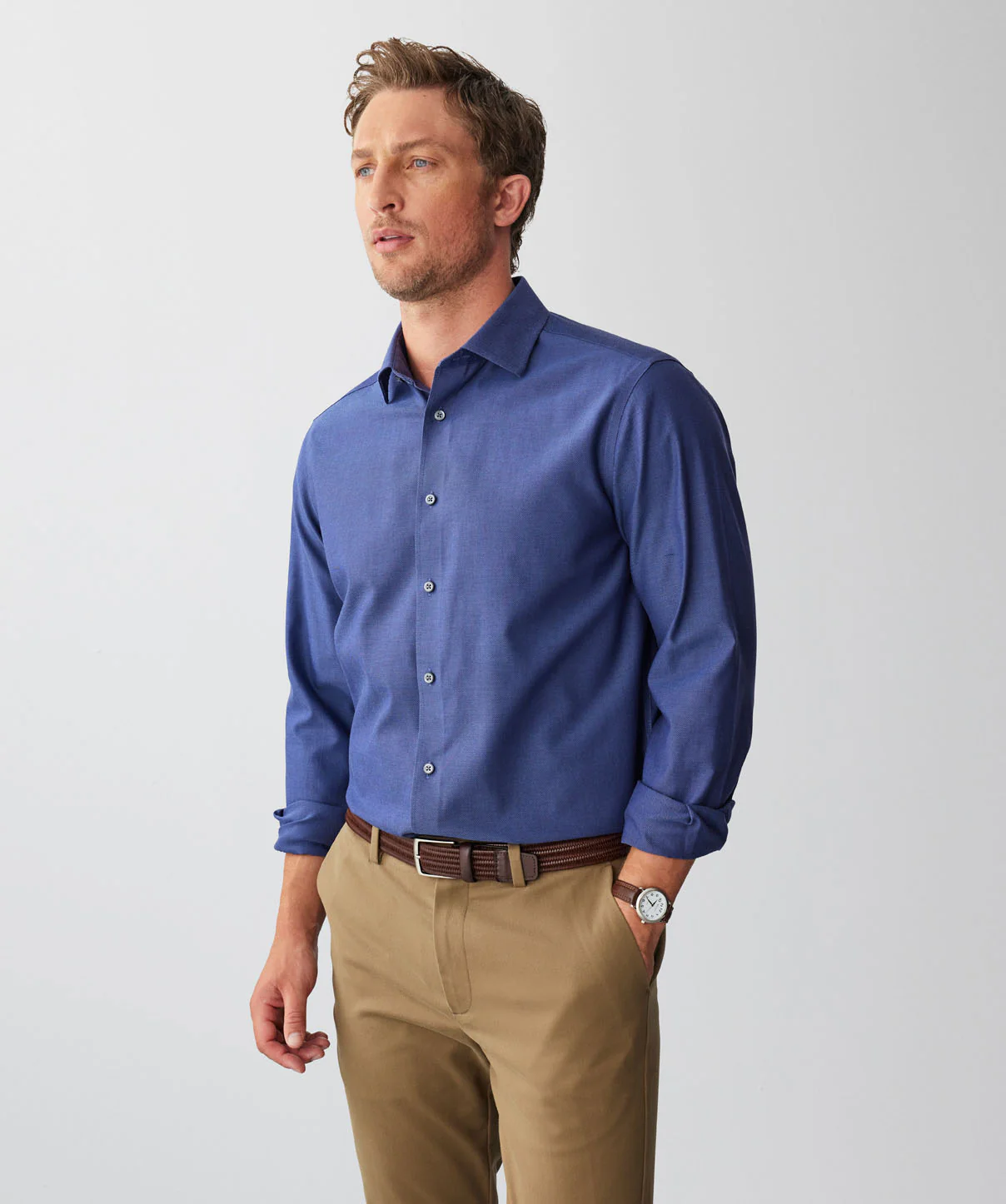 Non-Iron Dobby Plain Long Sleeve Shirt - Navy - Image 5