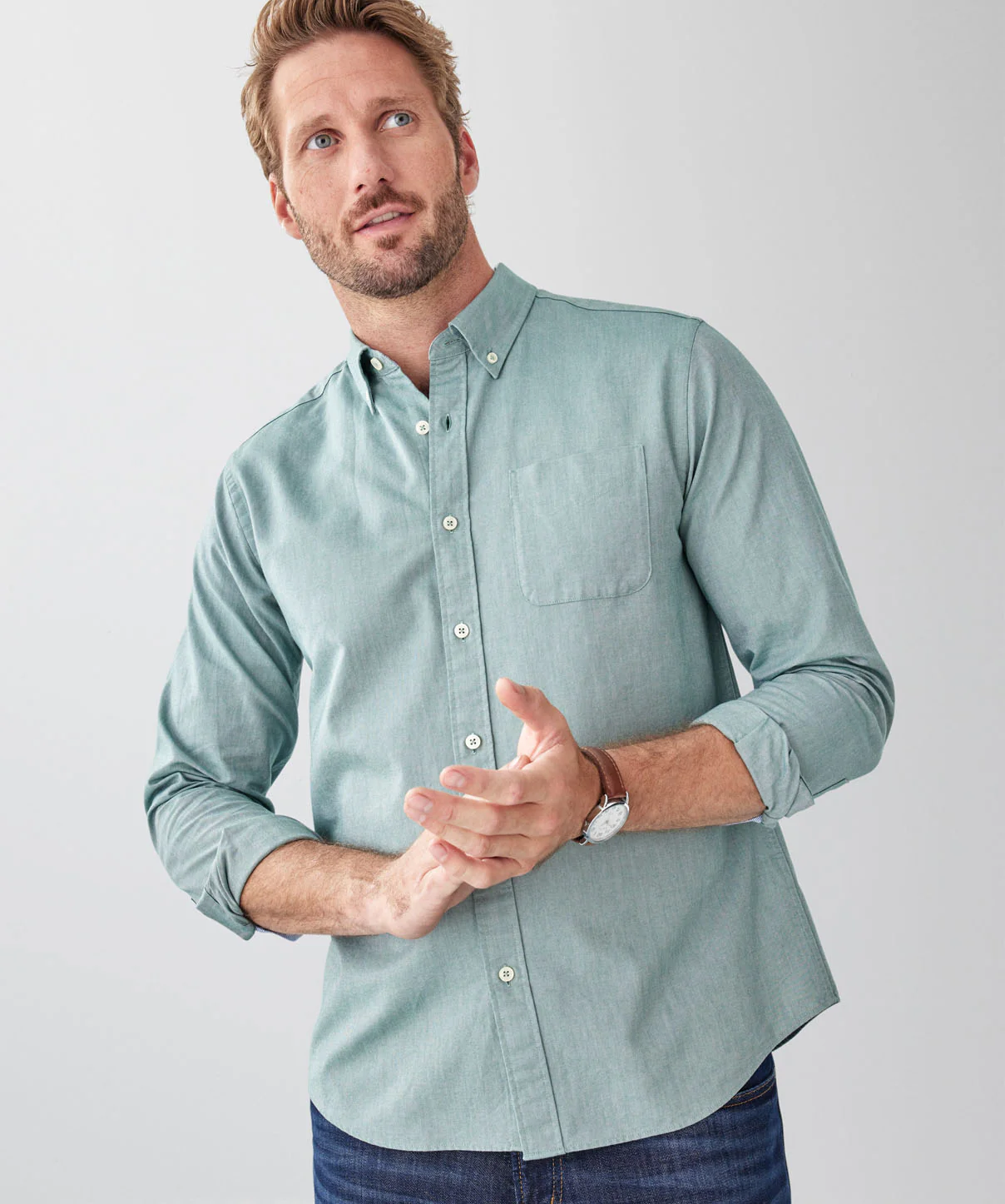 Plain Casual Oxford Long Sleeve Shirt - Green - Image 3