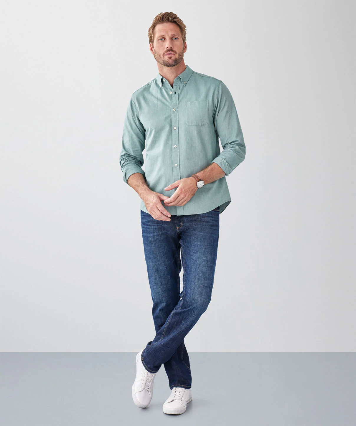 Plain Casual Oxford Long Sleeve Shirt - Green - Image 4