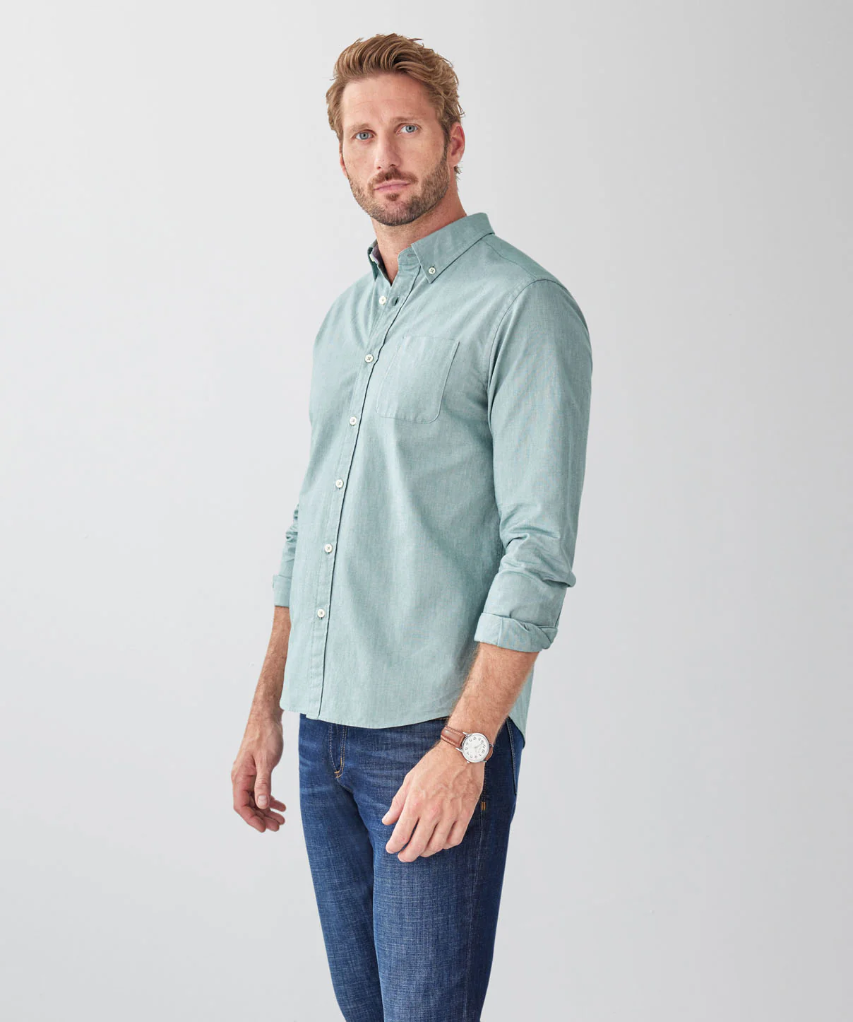 Plain Casual Oxford Long Sleeve Shirt - Green - Image 5