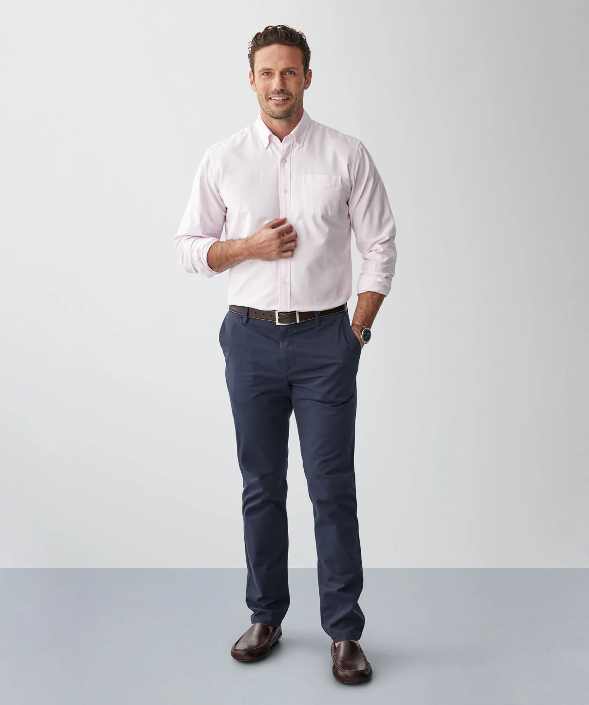Plain Casual Oxford Long Sleeve Shirt - Pale Pink - Image 5