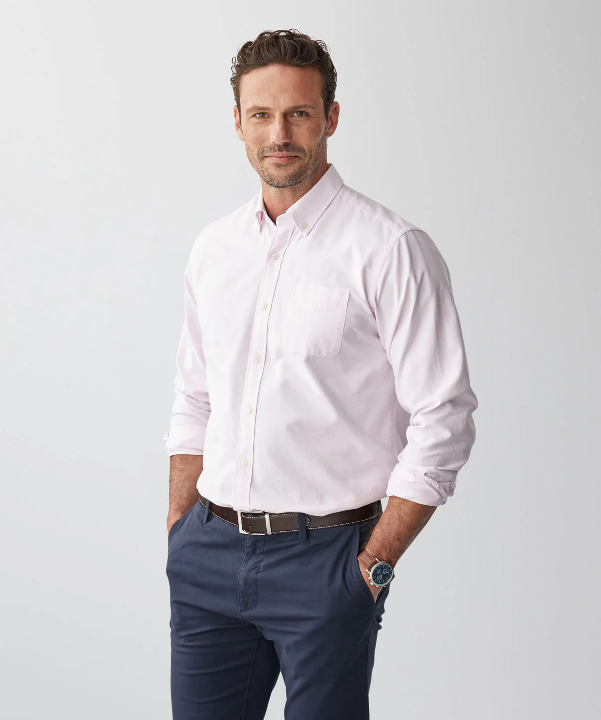 Plain Casual Oxford Long Sleeve Shirt - Pale Pink - Image 6