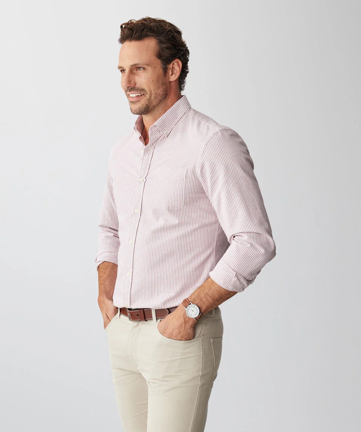 Tailored Casual Oxford Stripe Long Sleeve Shirt - Dark Orange - Image 5