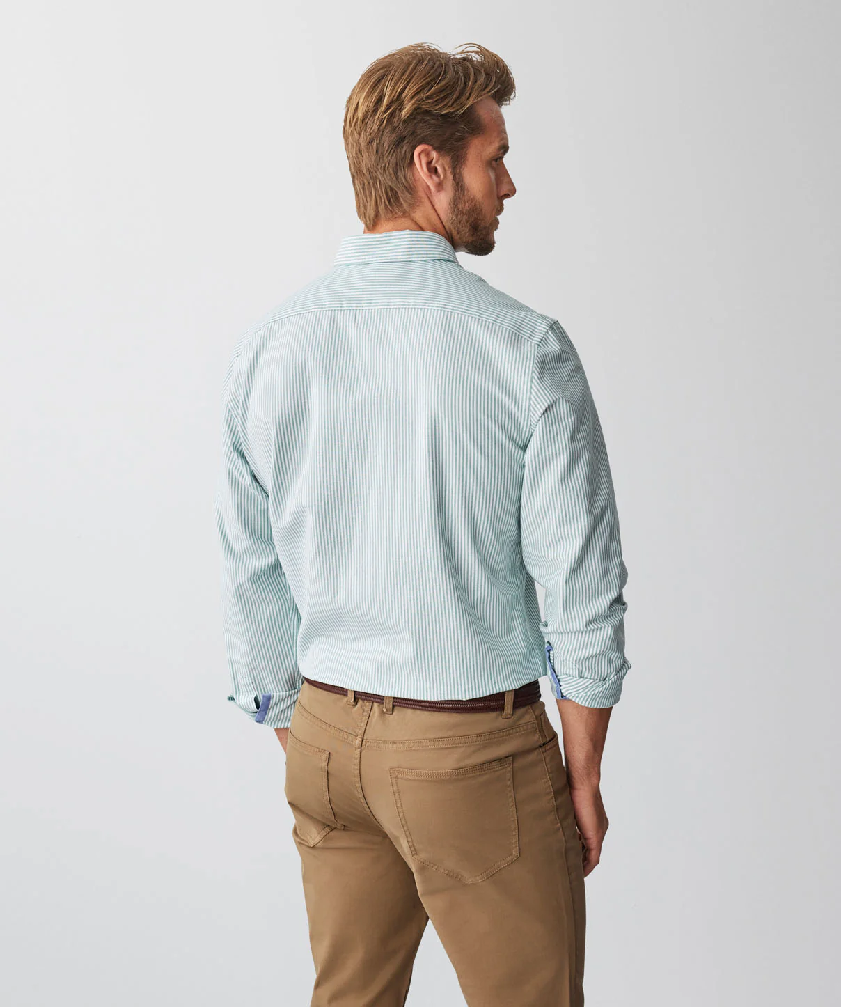 Tailored Casual Oxford Stripe Long Sleeve Shirt - Green - Image 3