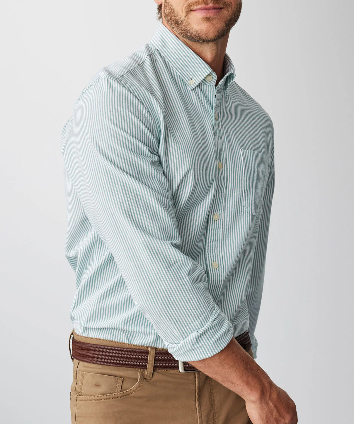 Tailored Casual Oxford Stripe Long Sleeve Shirt - Green - Image 4