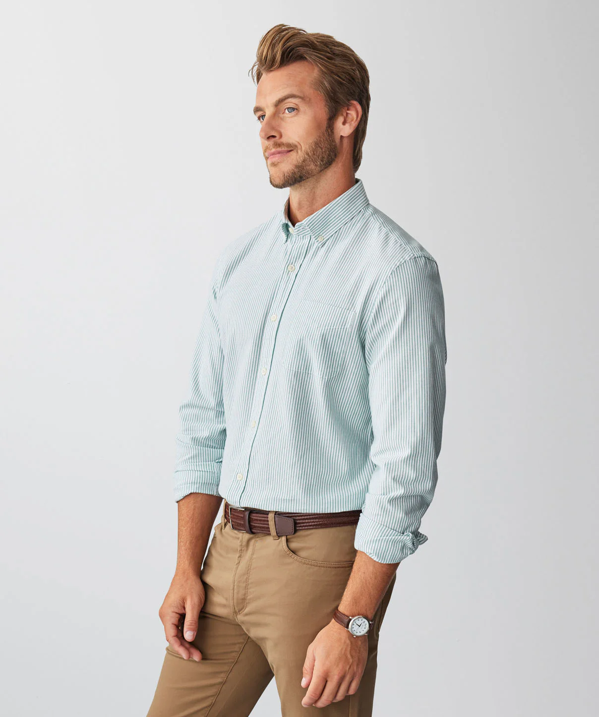 Tailored Casual Oxford Stripe Long Sleeve Shirt - Green - Image 5