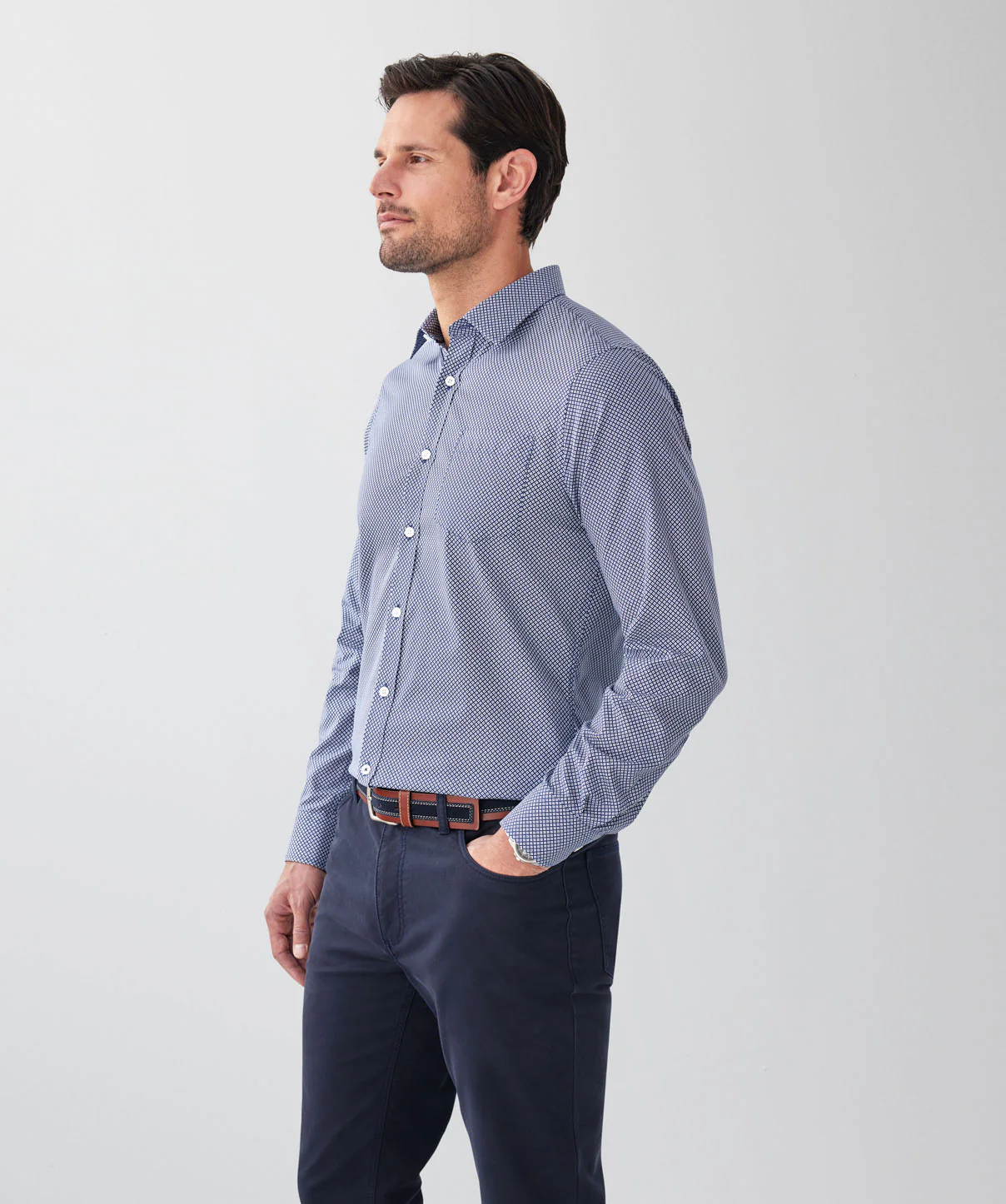 Tailored Fit Easy Care Geo Print Long Sleeve Shirt - Navy - Image 5