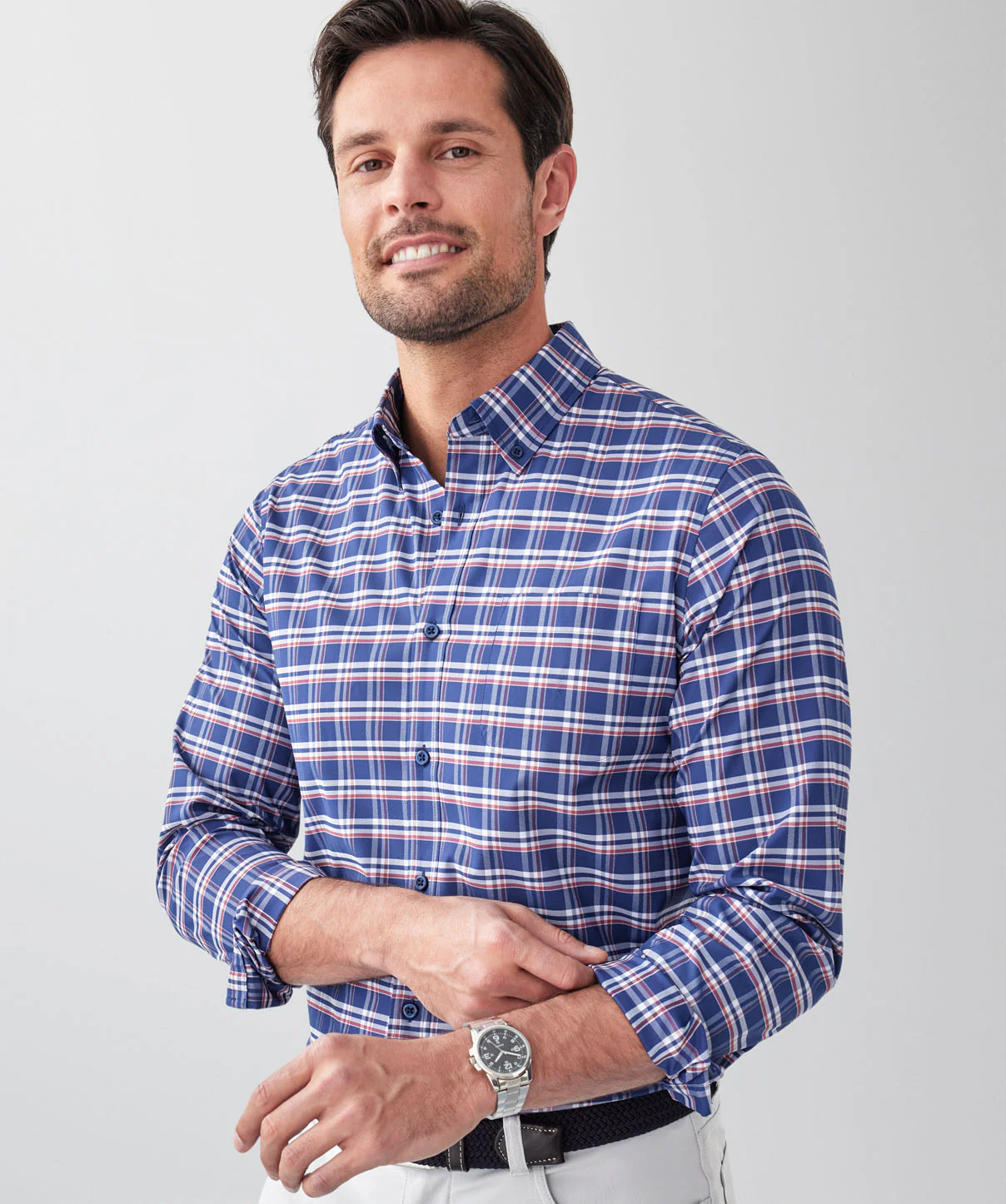 Tailored Fit GAZFLEX Performance Multi Check Long Sleeve Shirt - Navy - Image 3