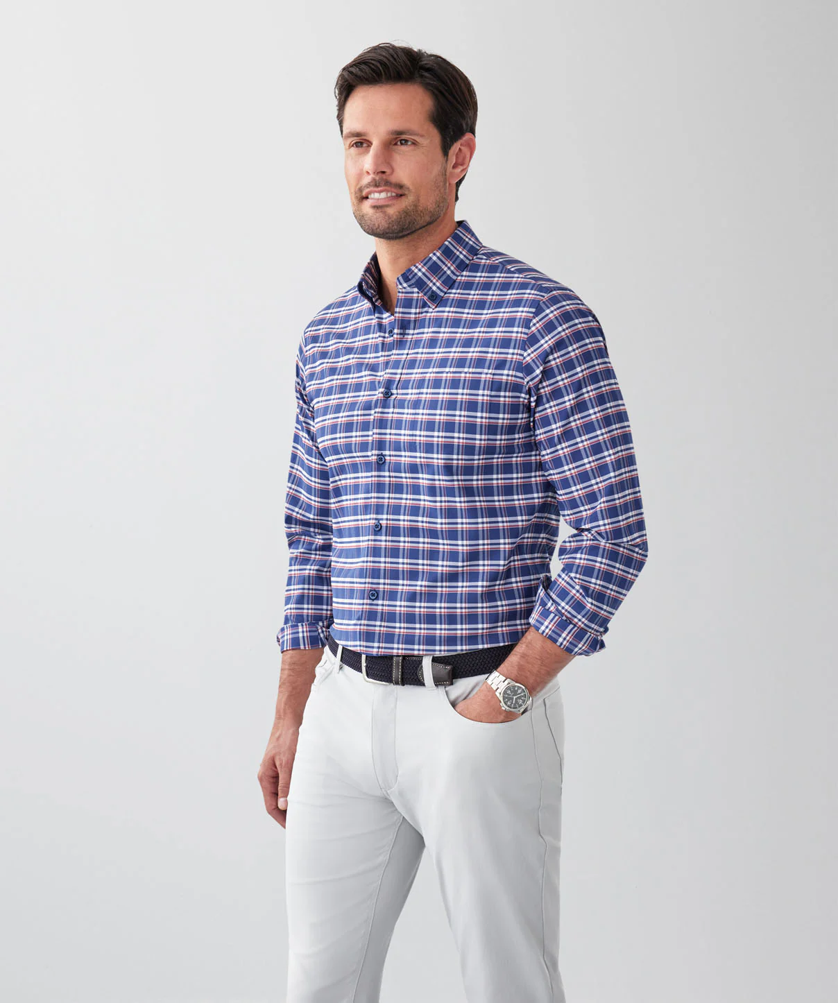 Tailored Fit GAZFLEX Performance Multi Check Long Sleeve Shirt - Navy - Image 5