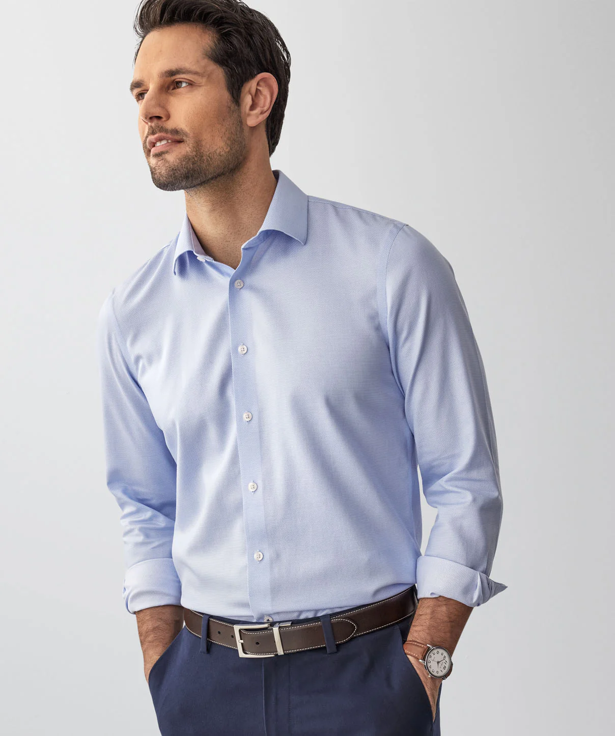 Tailored Non-Iron Dobby Long Sleeve Shirt - Sky Blue - Image 4