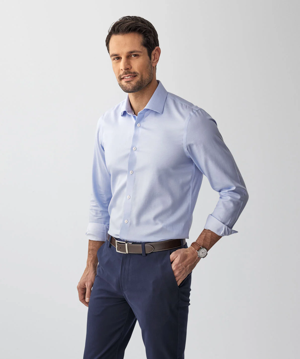 Tailored Non-Iron Dobby Long Sleeve Shirt - Sky Blue - Image 6
