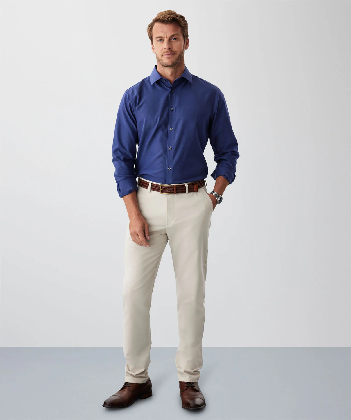 Tailored Non-Iron Dobby Plain Long Sleeve Shirt - Navy - Image 4
