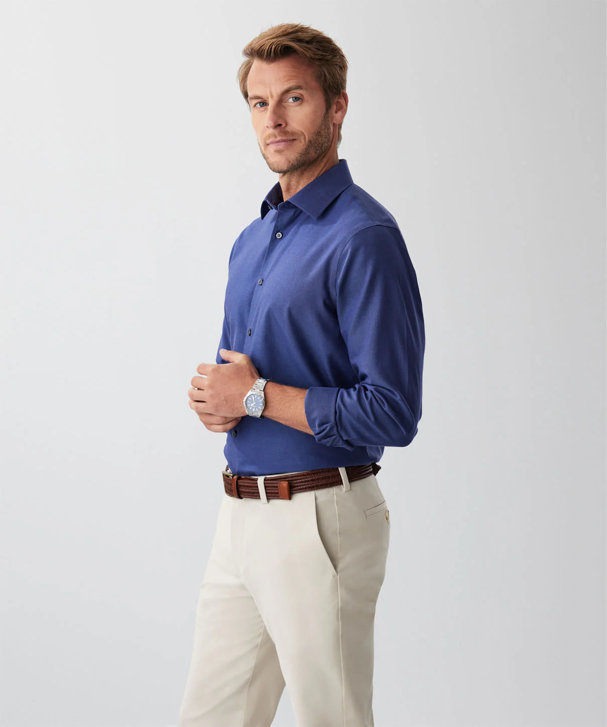 Tailored Non-Iron Dobby Plain Long Sleeve Shirt - Navy - Image 5