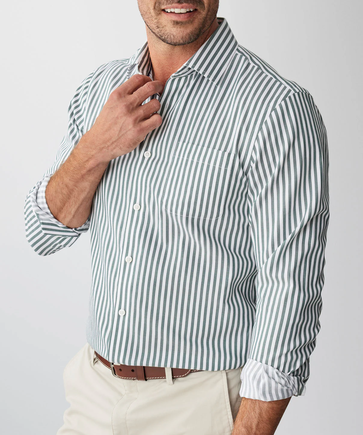 Tailored Non-Iron Twill Stripe Long Sleeve Shirt - Forest - Image 4