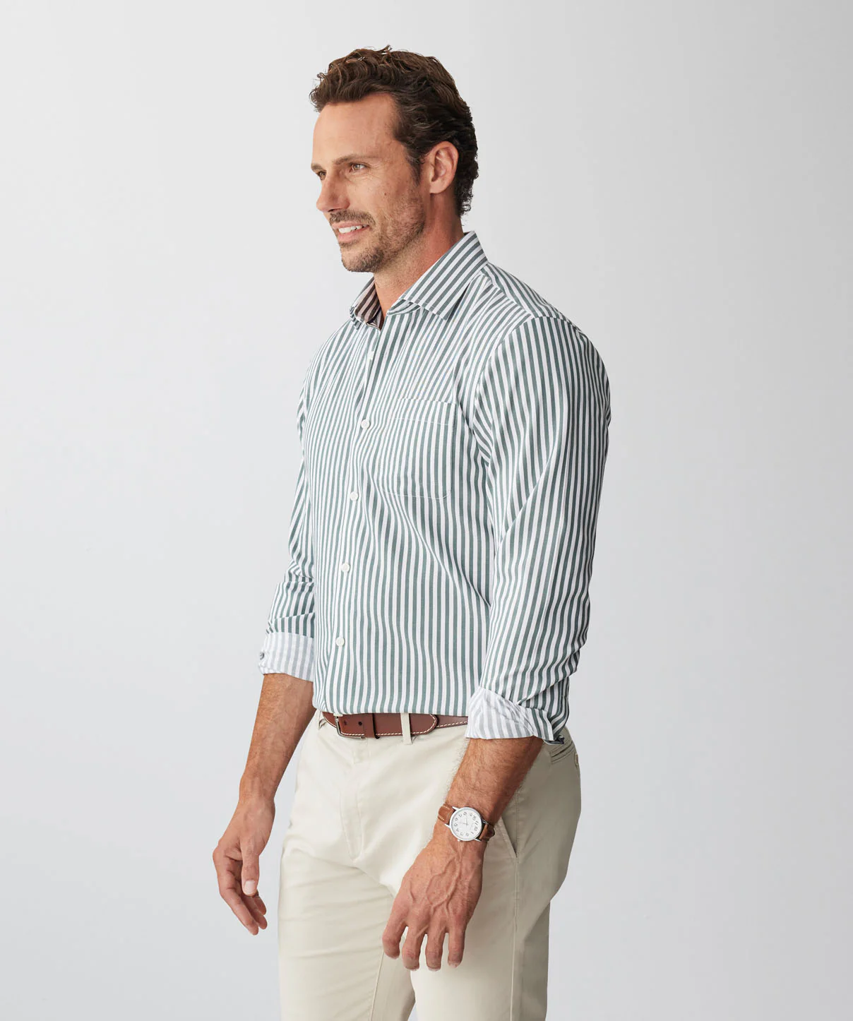 Tailored Non-Iron Twill Stripe Long Sleeve Shirt - Forest - Image 5